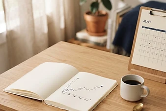 Notebook with a hand-drawn line chart rising over several months beside a coffee cup and calendar