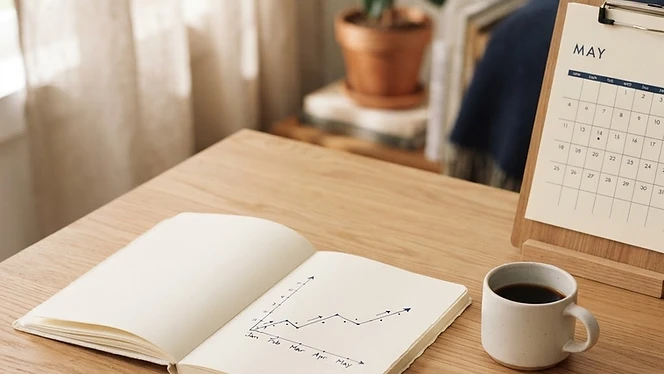 Notebook with a hand-drawn line chart rising over several months beside a coffee cup and calendar