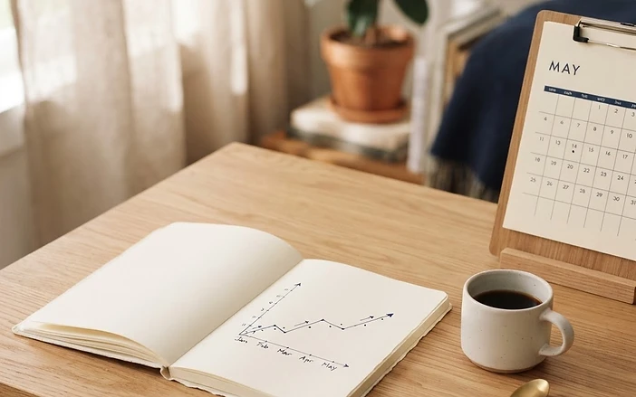Notebook with a hand-drawn line chart rising over several months beside a coffee cup and calendar