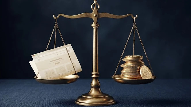 Brass scale weighing a web page against gold coins