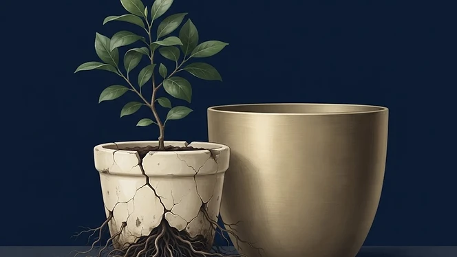Plant roots outgrowing a cracked pot beside a larger gold pot