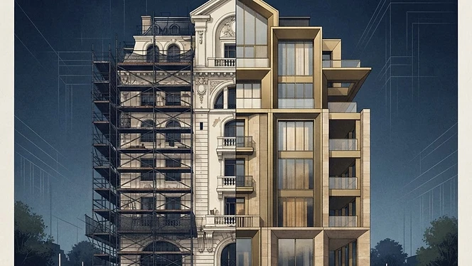 Building facade half under restoration and half rebuilt as new structure
