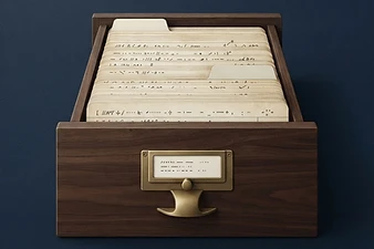 Library card catalogue drawer with ivory index cards