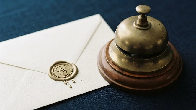 Ivory envelope with a gold wax seal beside a brass desk bell