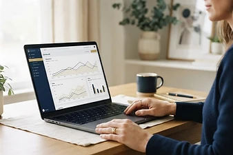 Laptop on a desk showing a generic analytics dashboard with line graphs