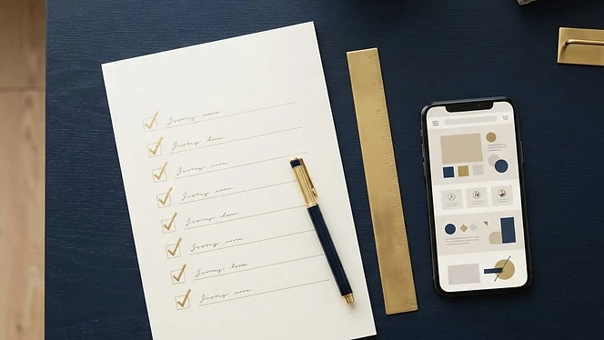 Printed website checklist with gold ticks on a navy desk