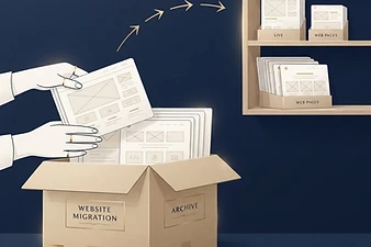 Web page cards being packed carefully into a box with gold labels