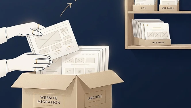 Web page cards being packed carefully into a box with gold labels