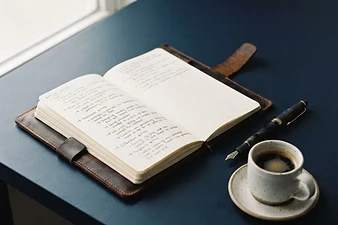 Open notebook with an article outline and fountain pen on a navy desk