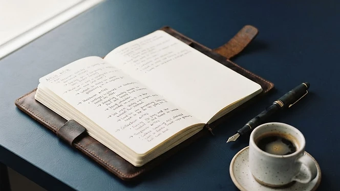Open notebook with an article outline and fountain pen on a navy desk