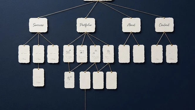 Website sitemap laid out as connected paper cards on a navy surface