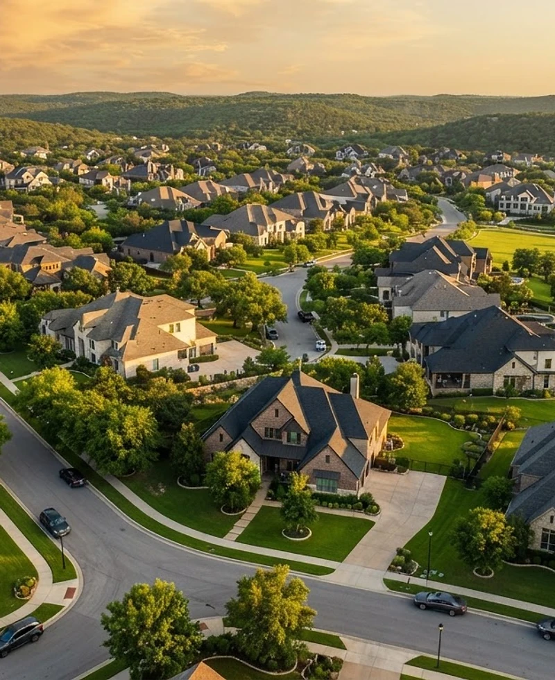 Aerial view of a beautiful Texas neighborhood