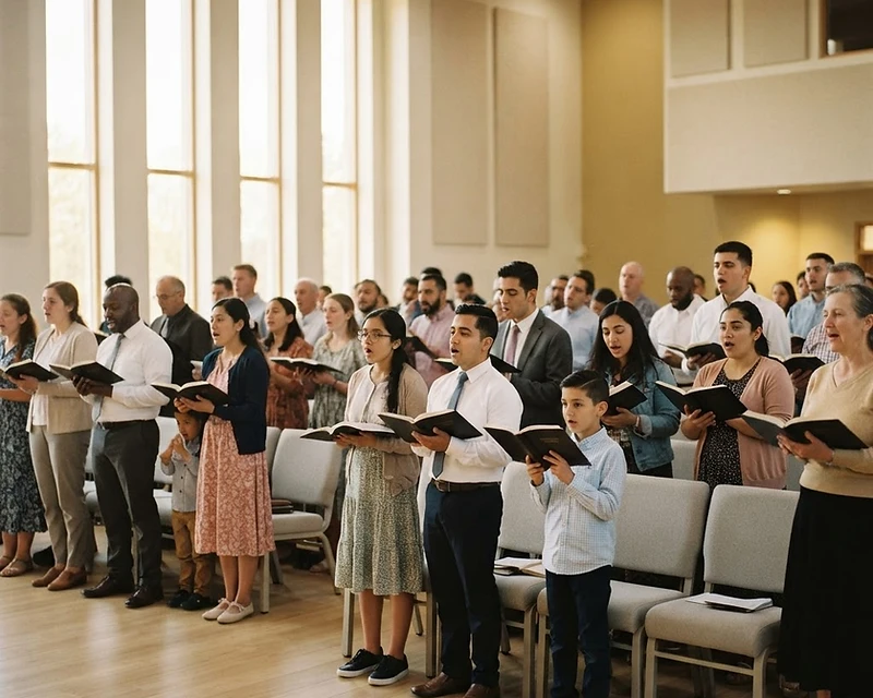 A congregation singing together in a bright, modern worship hall