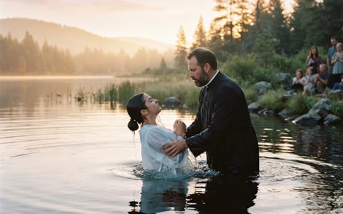 A peaceful outdoor baptism scene at a calm lake at dawn