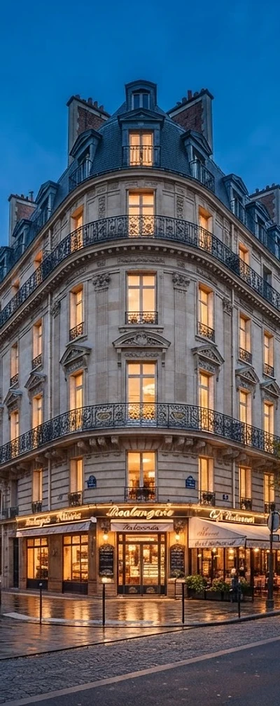 Immeuble haussmannien parisien au crépuscule