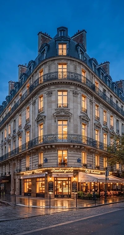 Immeuble haussmannien parisien au crépuscule