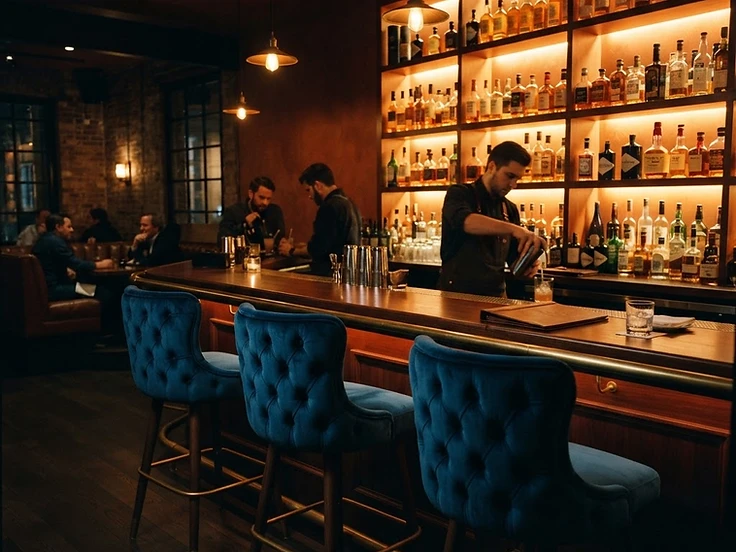 Bancone di un bar partner con bottiglie retroilluminate