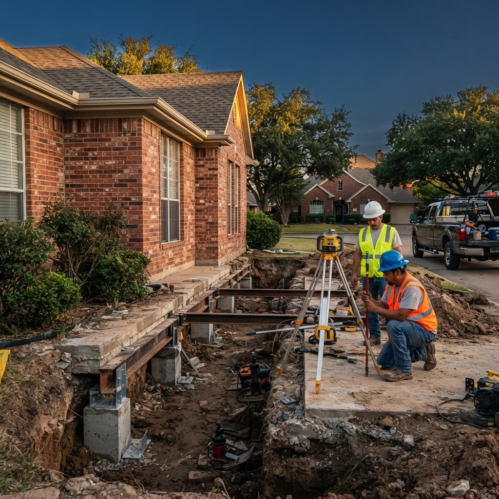 Foundation repair crew inspecting a slab
