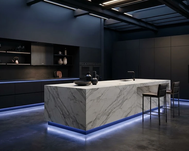 Luxury kitchen remodeling company website design demo with marble island and blue accent lighting