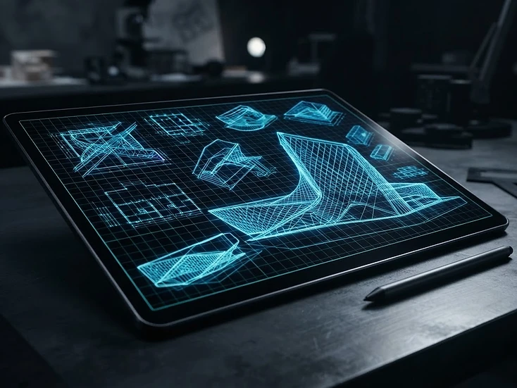 Architectural blueprints glowing with blue lines on a dark tablet