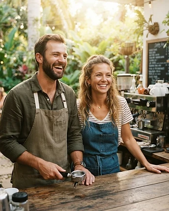 Brice and Katarina Nardozzi, founders of The Break Coffee & Surf Co., behind the coffee bar
