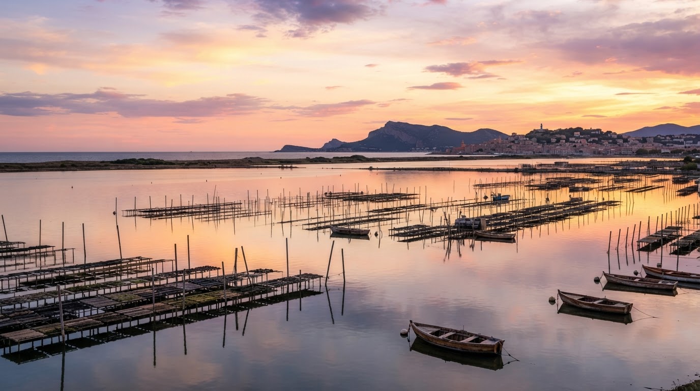 Vue du bassin de Thau avec ses tables ostréicoles et ses bateaux