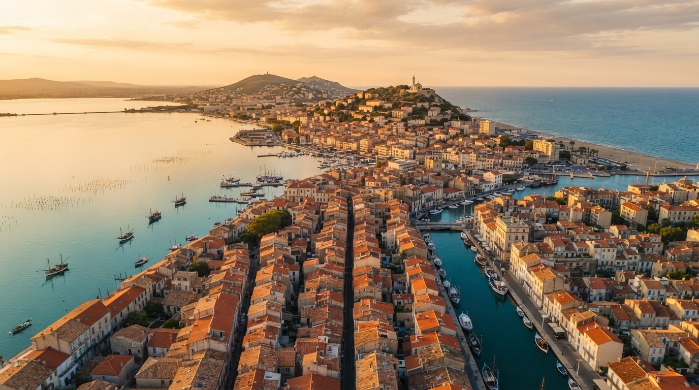 Vue panoramique de Sète et du bassin de Thau au coucher de soleil