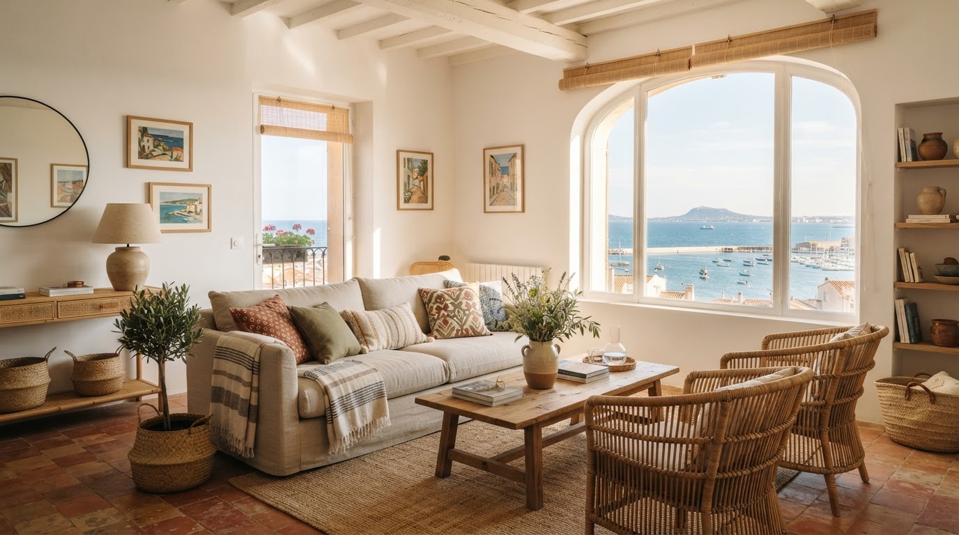 Intérieur lumineux d'une location saisonnière à Sète