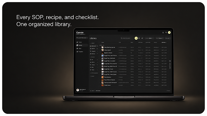Carvin Library interface on a laptop against a warm charcoal background