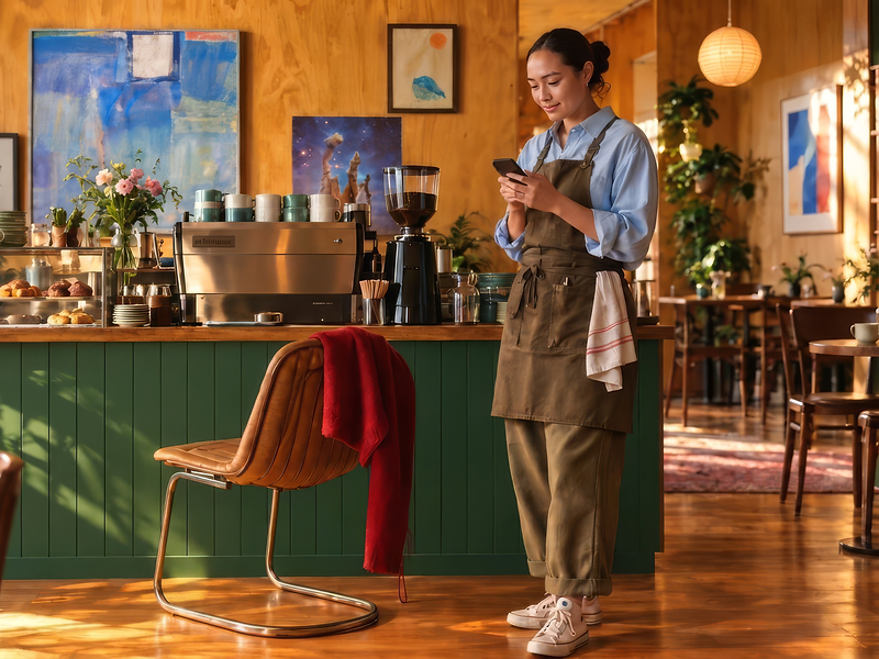 A café team member looks at her phone beside the green counter.