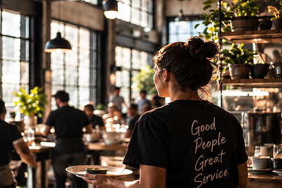 A server on the floor of a sunlit restaurant