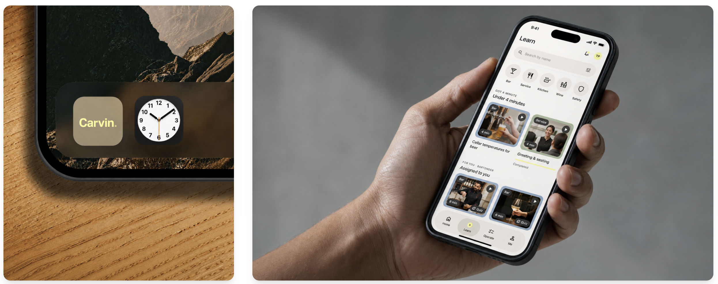 Carvin mobile app showing a short training video and shift checklist