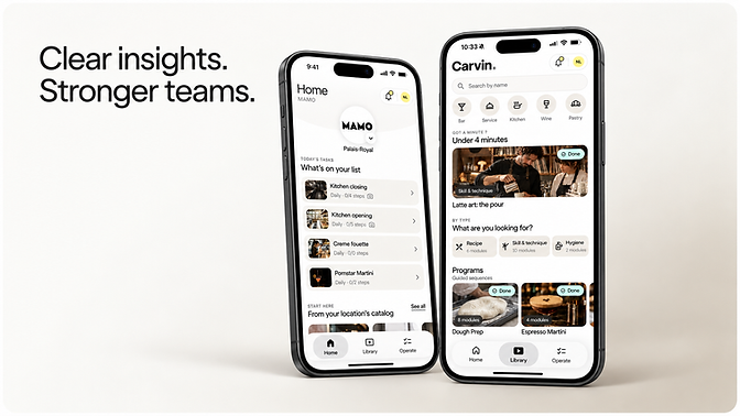 Two phones displaying the Carvin Home and Library interfaces on an off-white background