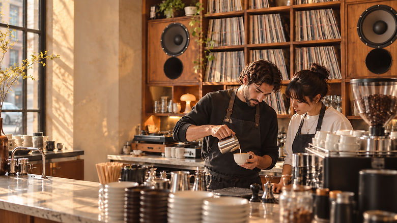 A barista pours milk into a coffee cup as a colleague watches in a listening bar.