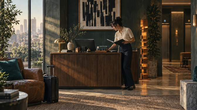 Hotel team member working at the front desk