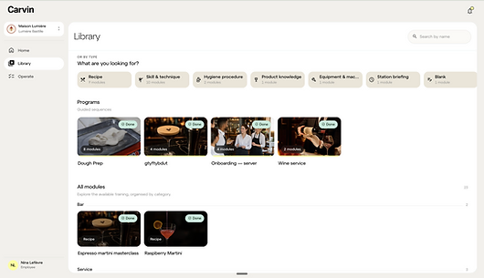 Carvin mobile training library showing role-based lessons for a hospitality team member