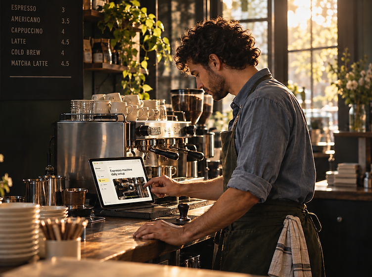 Café team member using Carvin on a tablet beside an espresso machine