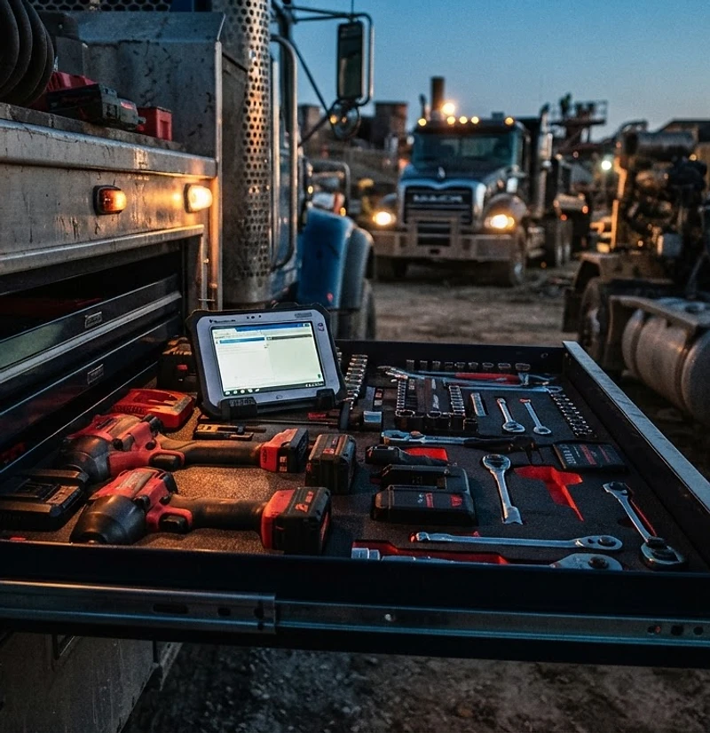 Curtis Brothers mobile diesel service truck on a job site at dusk
