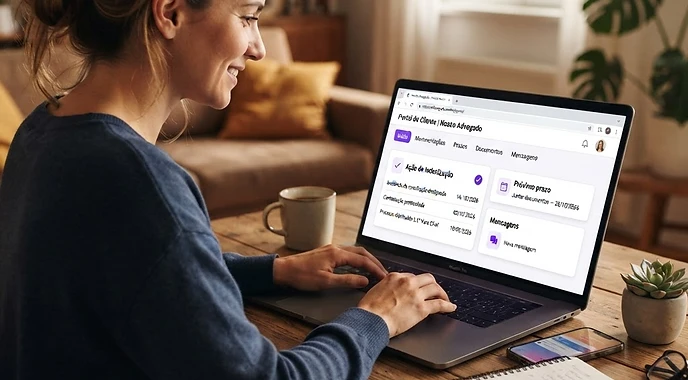 Cliente acompanhando seu processo no portal do cliente, em casa