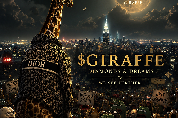 Giraffe in gold-trimmed trench coat on a neon night street