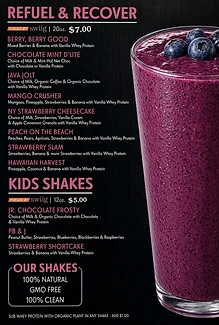 Refuel & Recover and Kids Shakes menu board