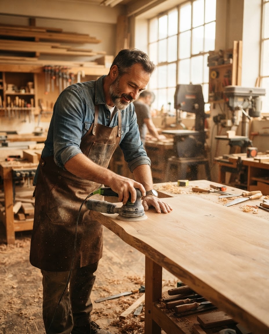 Craftsman sanding a wooden table in the workshop
