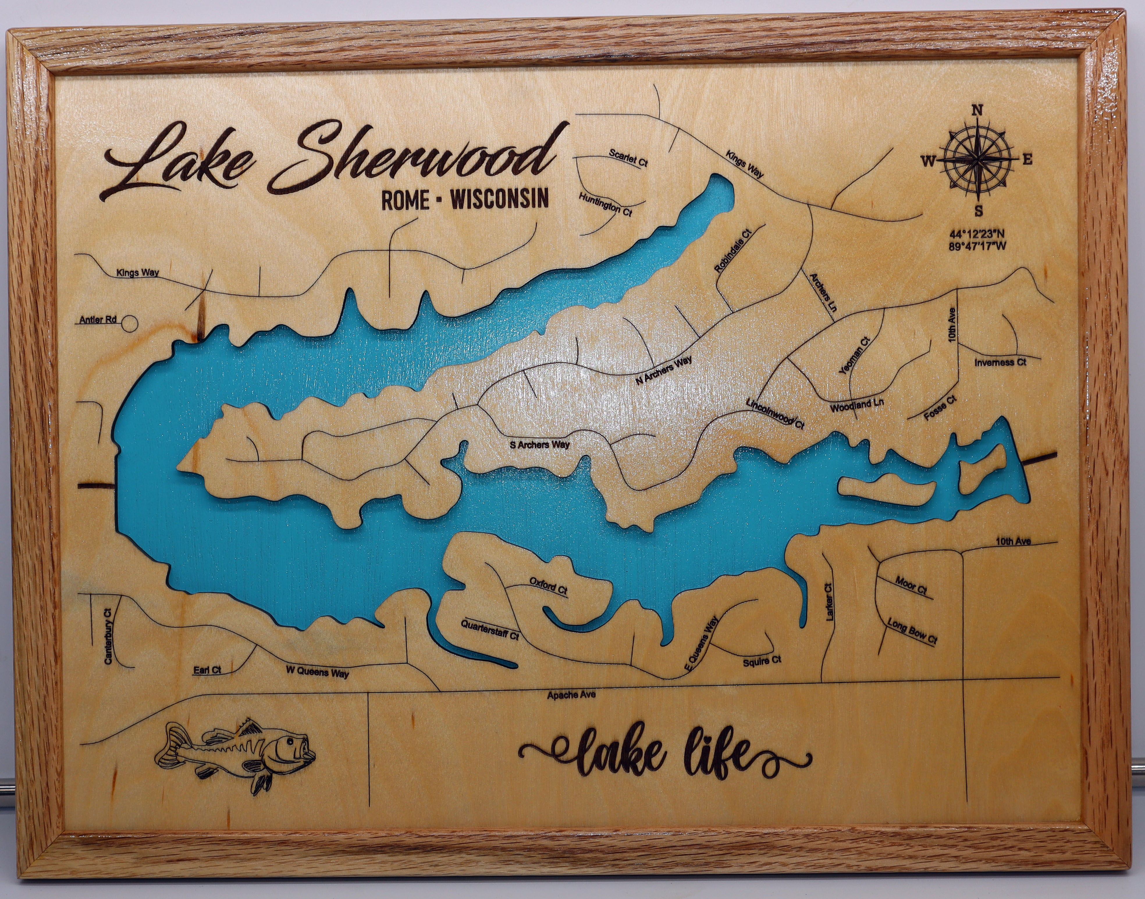 Lake Sherwood, WI Custom Laser Engraved Lake Map