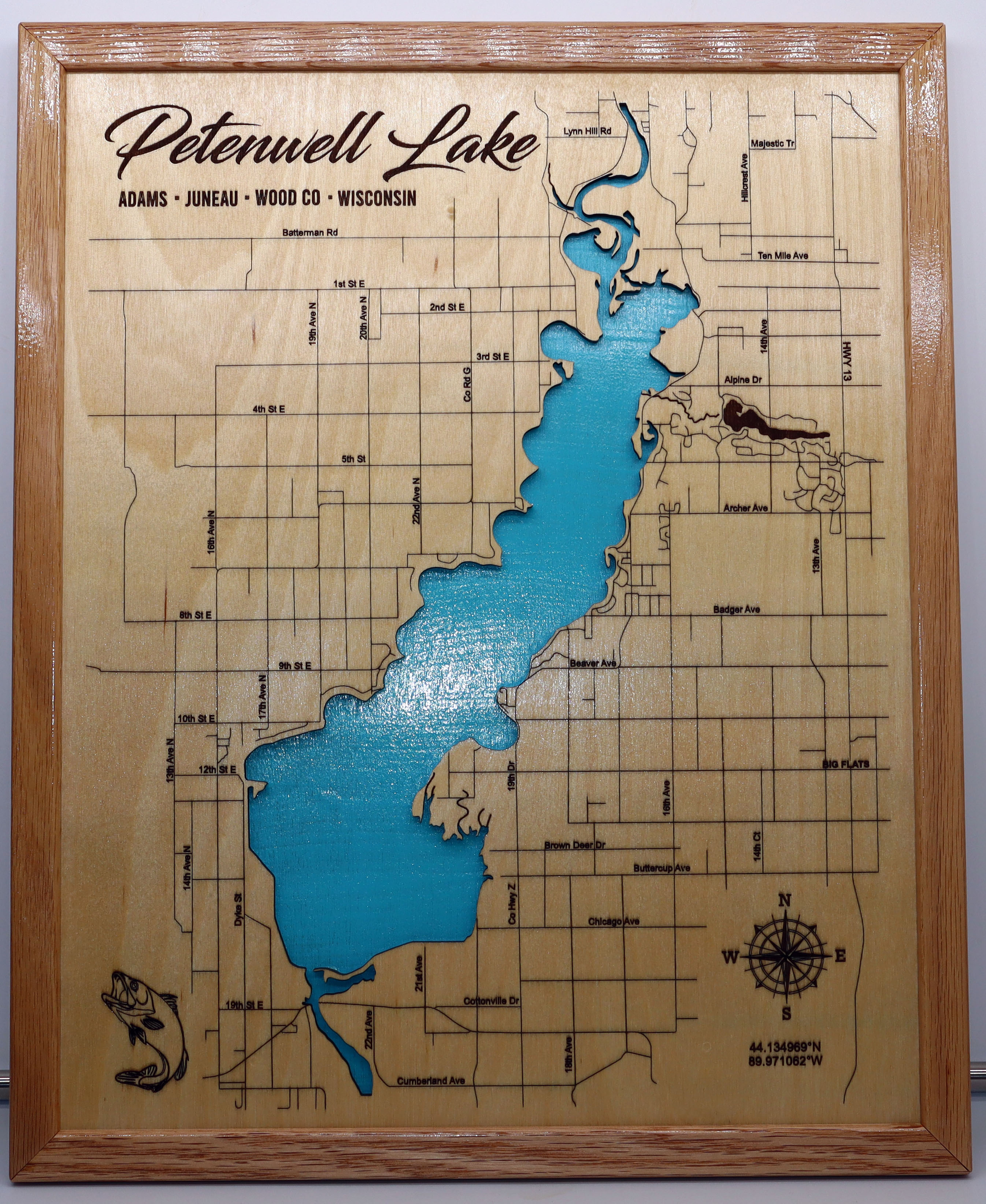 Petenwell Lake, WI Custom Laser Engraved Lake Map