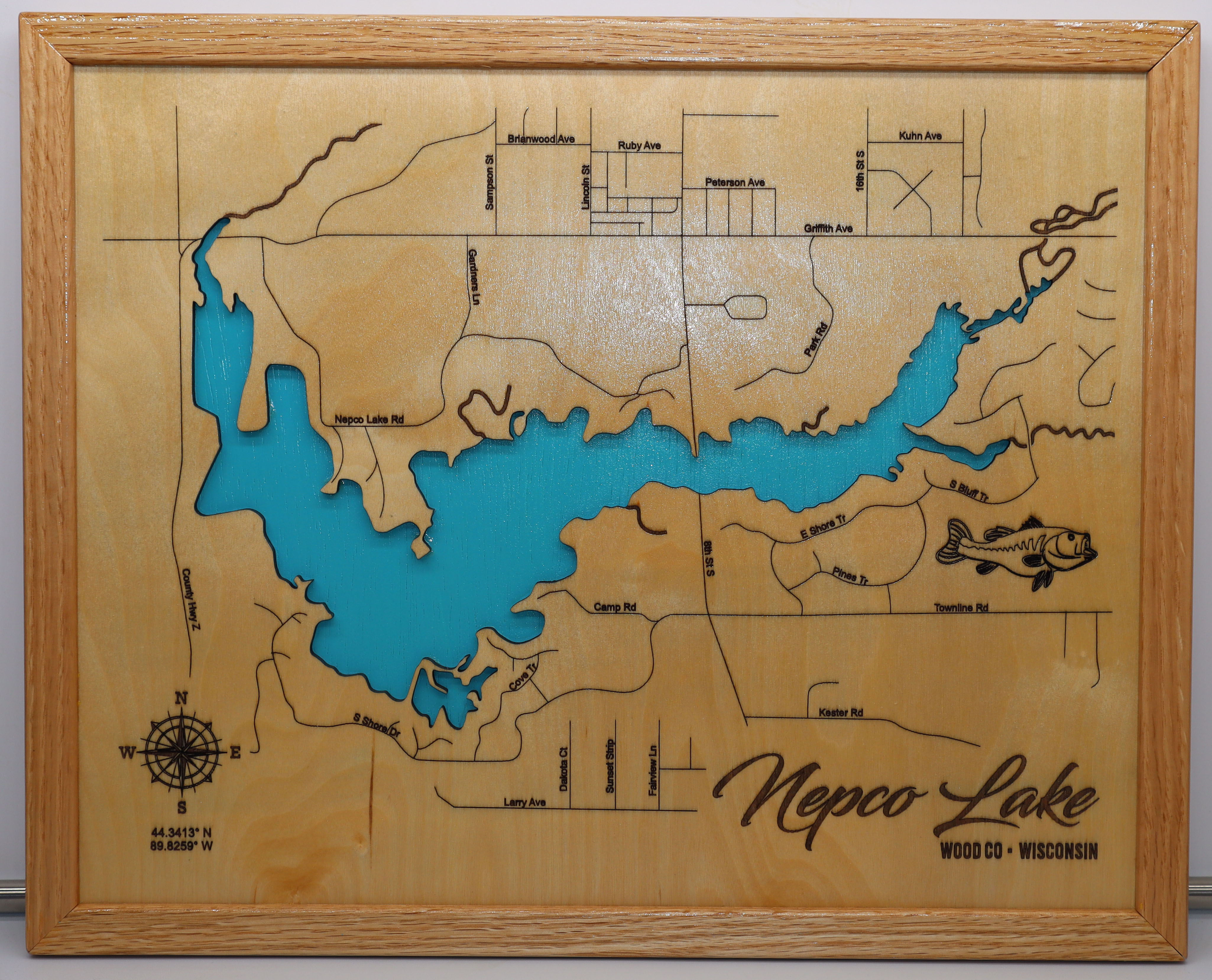 Nepco Lake, WI Custom Laser Engraved Lake Map