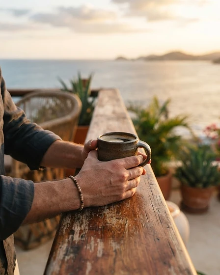 El anfitrión disfrutando un café en la terraza al atardecer frente al Pacífico