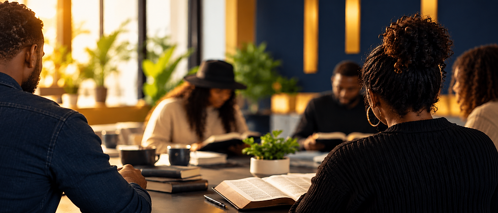 A small group gathered around a table for Bible study