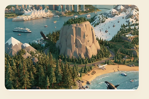 British Columbia isometric diorama with Vancouver, Whistler, Squamish, Vancouver Island, orcas, bears, eagles and geese