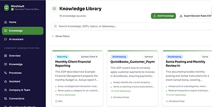 MindVault Knowledge Library showing searchable knowledge sources and SOP cards