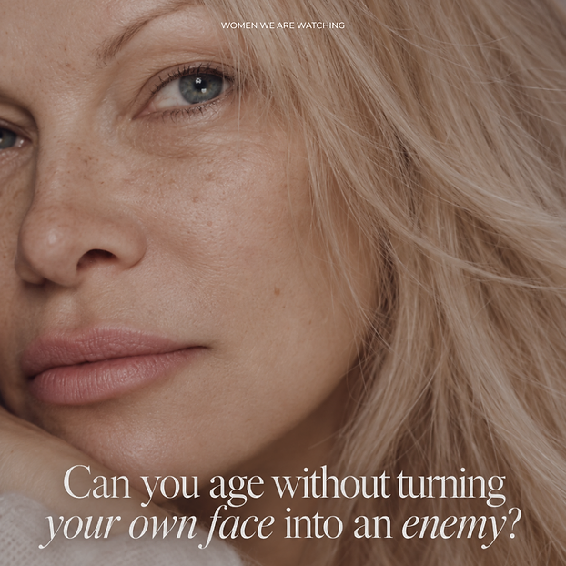 Close-up portrait of Pamela Anderson — can you age without turning your own face into an enemy?